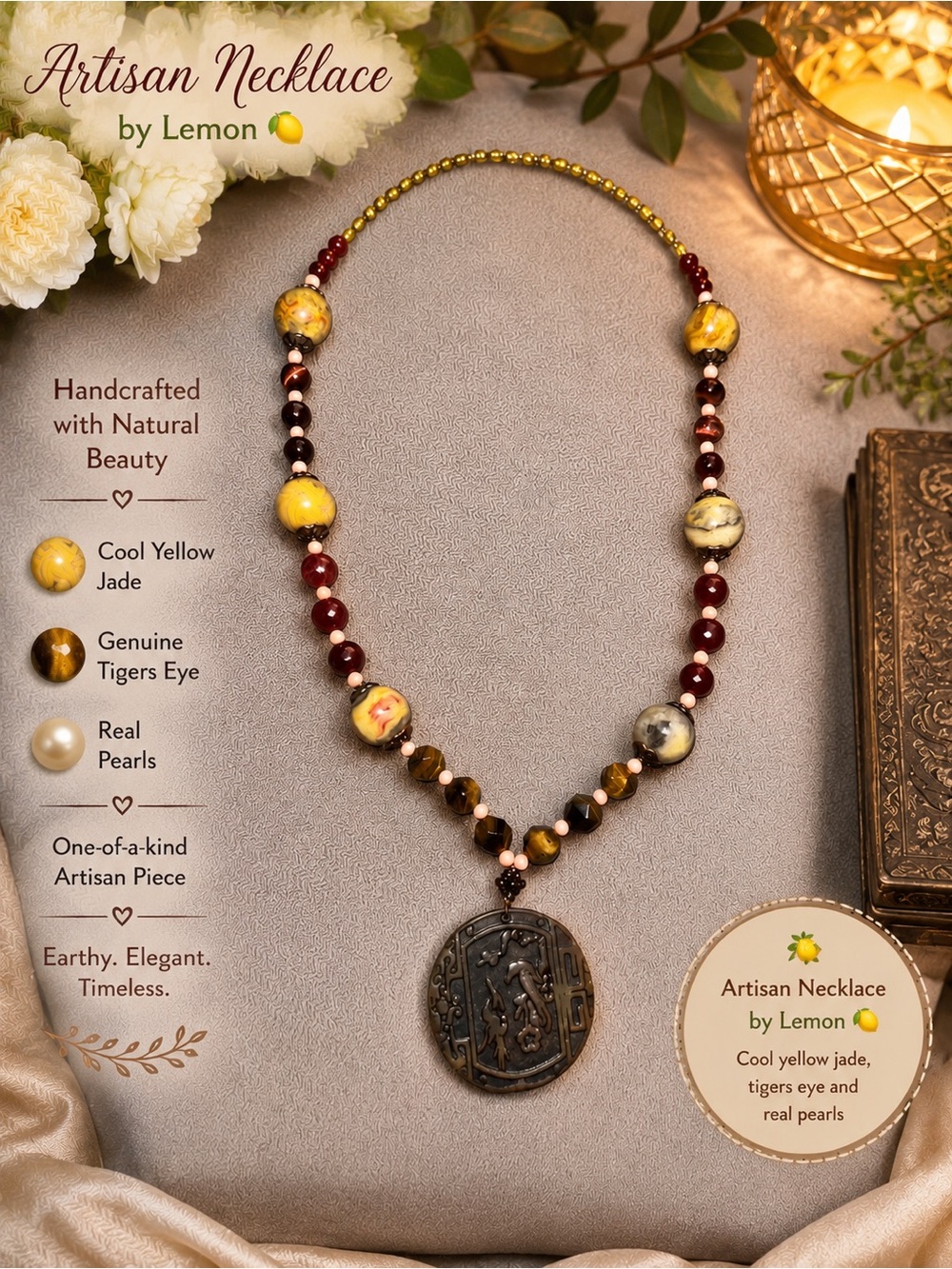 Handcrafted  Yellow Jade, Coral, Tigers Eye, pearl, carnelian, Carved  Pendant. - Picture 3 of 8